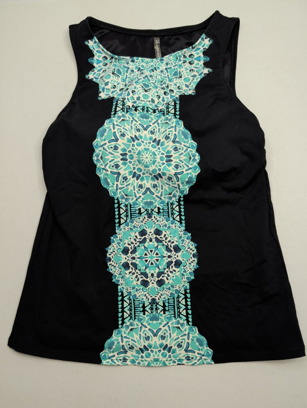 Lands' End High Neck Tankini Black with Green Geometric Swimsuit Top Size 8